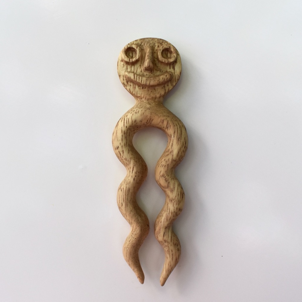 Decorative whimsical smile wood hair pin hand carved